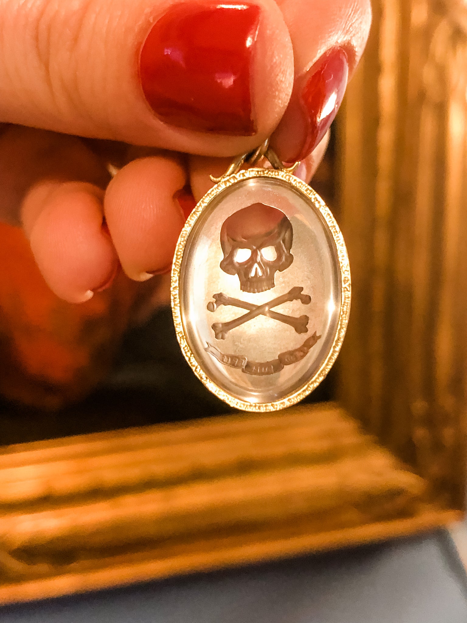 Memento Mori Hand-Carved Crystal and Gold Pendant
